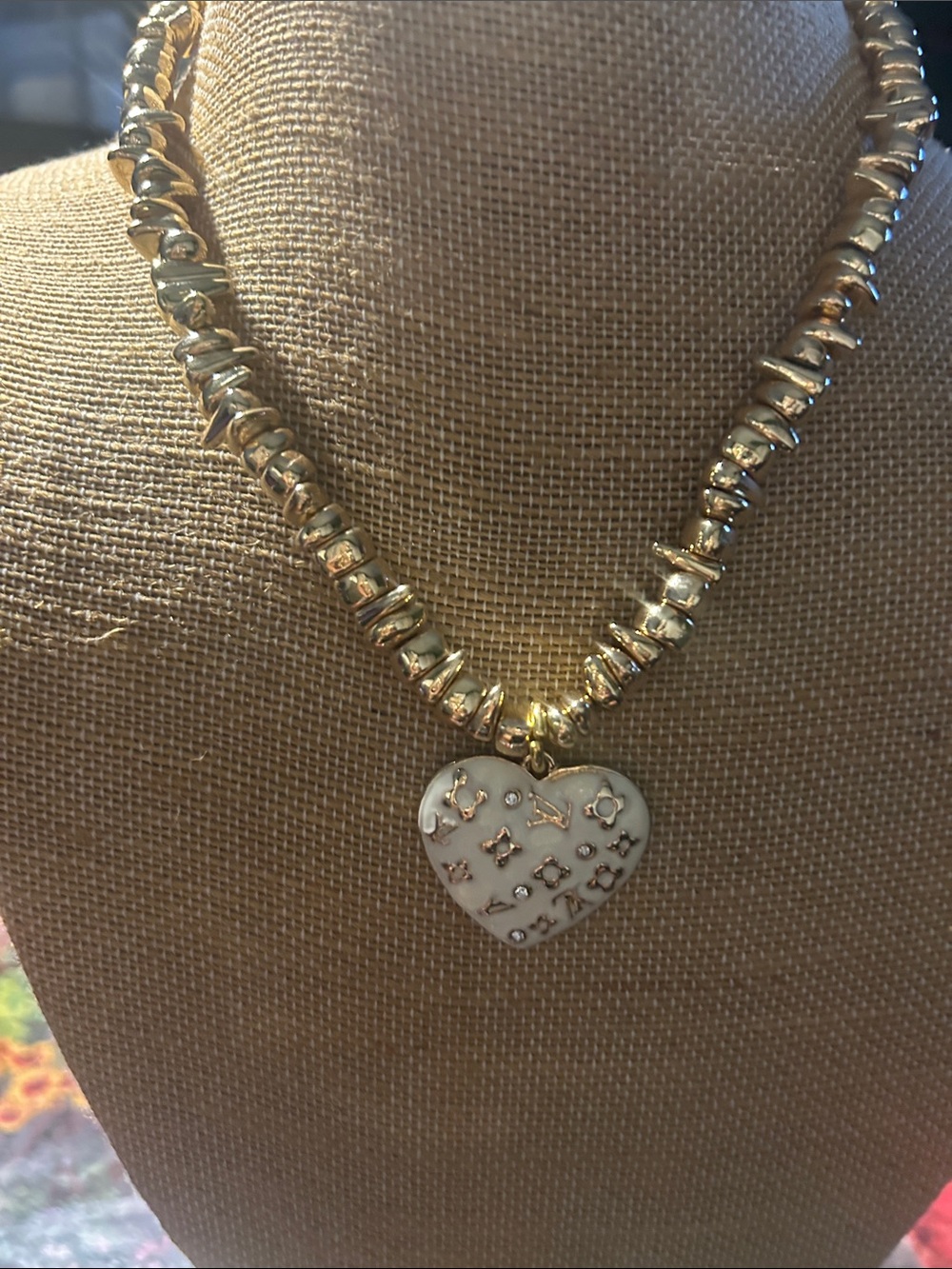 Gold Bead Necklace with White Heart Charm - Women's Jewelry